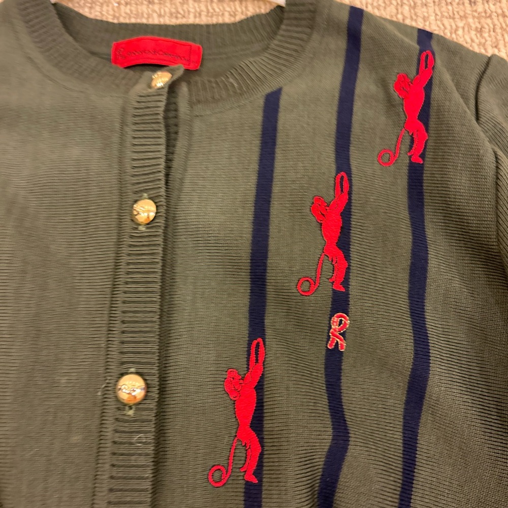 Vtg Mod Roberta di Camerino Green and Red monkey Cardigan Sweater cardigan sz 40